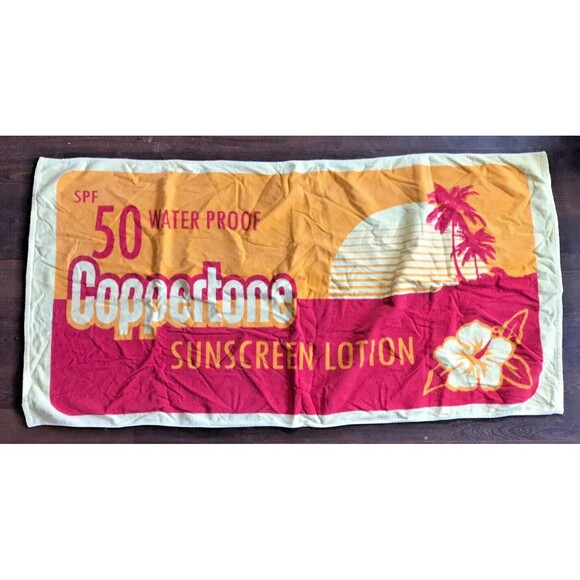 Vintage Coppertone Beach Towel Sunscreen SPF 50 Lotion Waterproof Suncare - Picture 1 of 7